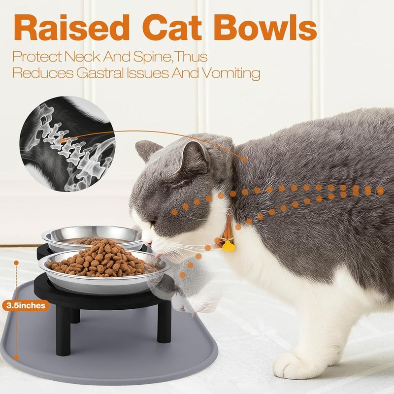 Summark Elevated Cat Bowls with Food Mat,6.3 Inches Shallow Raised Bowls Whisker Friendly,2 Stainless Steel Cat Food and Water Dishes for Cats and Puppies,Dishwasher Safe(Black) - Image 2
